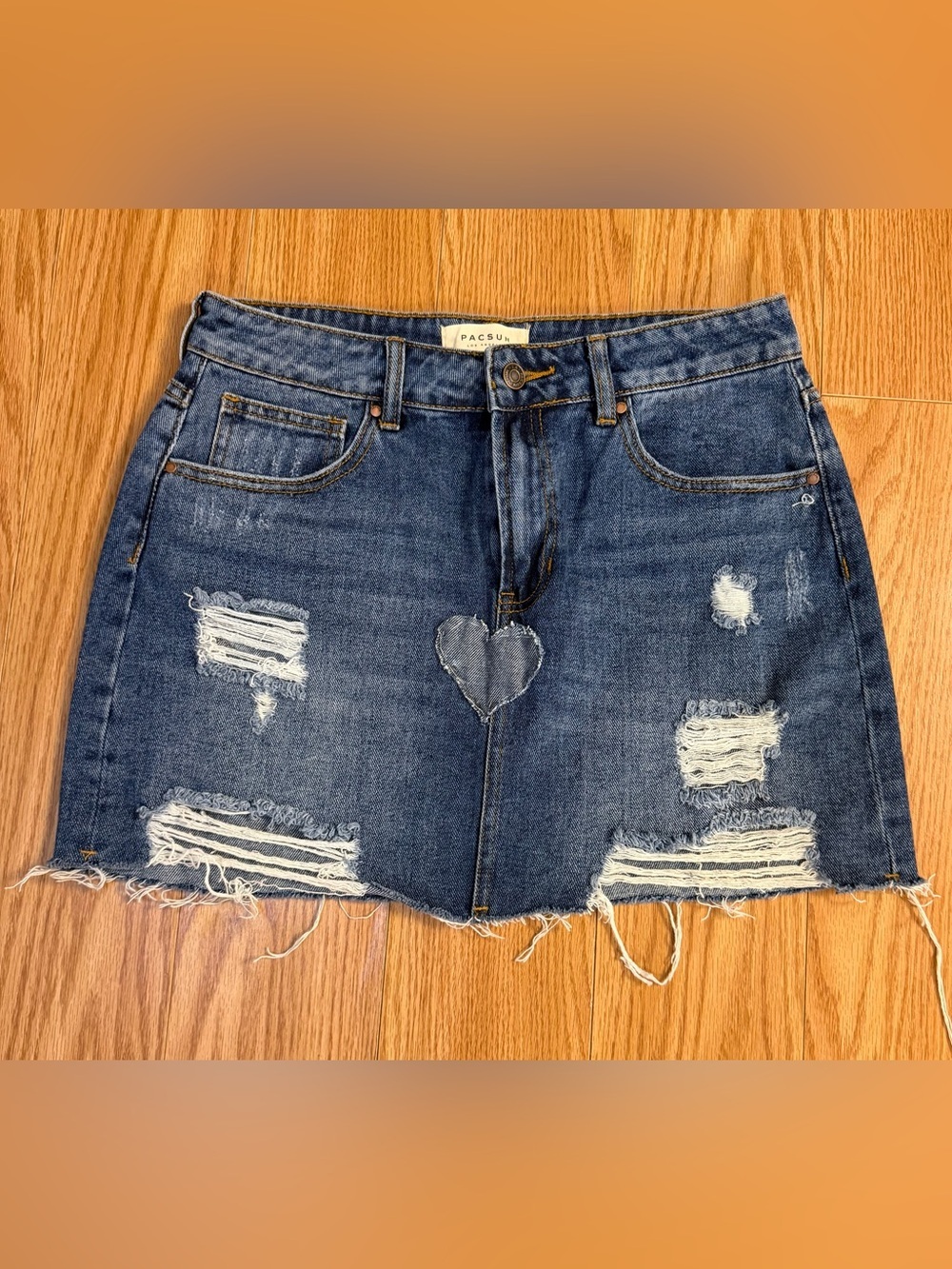 PacSun Light Blue Denim Distressed Mini Skirt with Heart Appliqués size 28